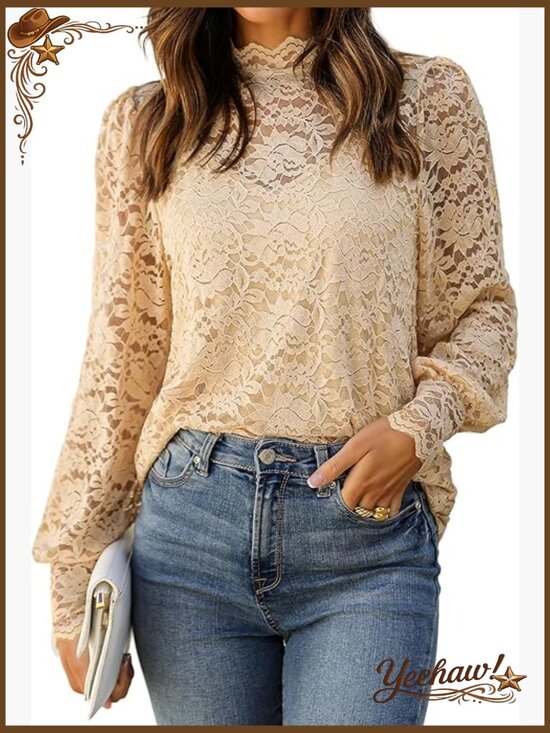 Tops - Sheer Lace Long Sleeve Blouse with Camisole Set Women Dressy Top